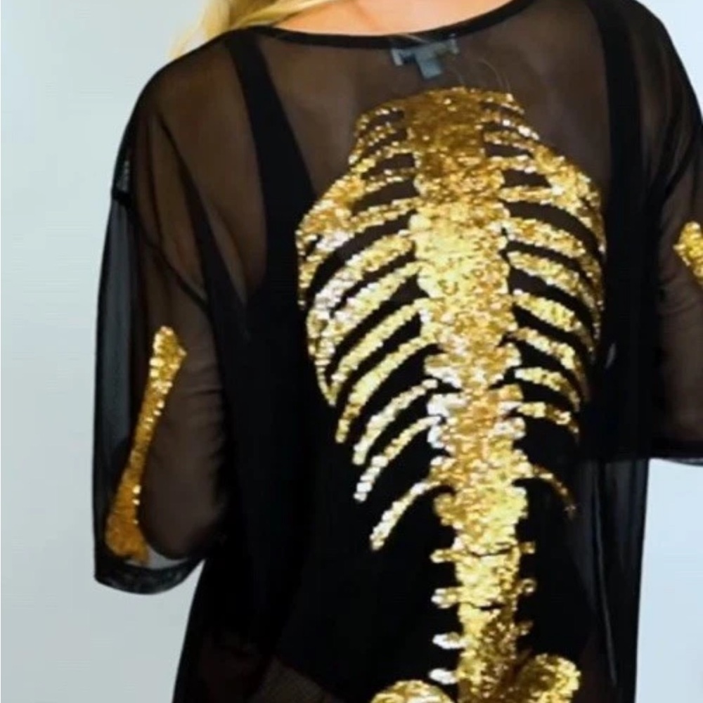 Tipsy Elves Black Sheer Mini Dress with Gold Sequin Skeleton - Picture 3 of 7
